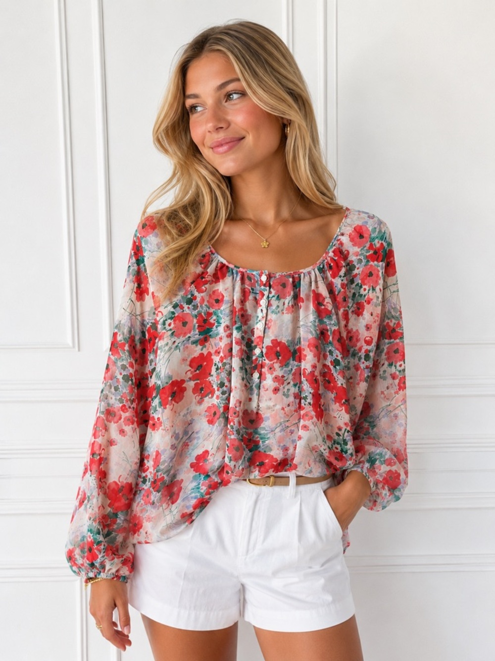 LC Lauren Conrad Floral Scoop Neck Long-Sleeve Blouse - Red Floral